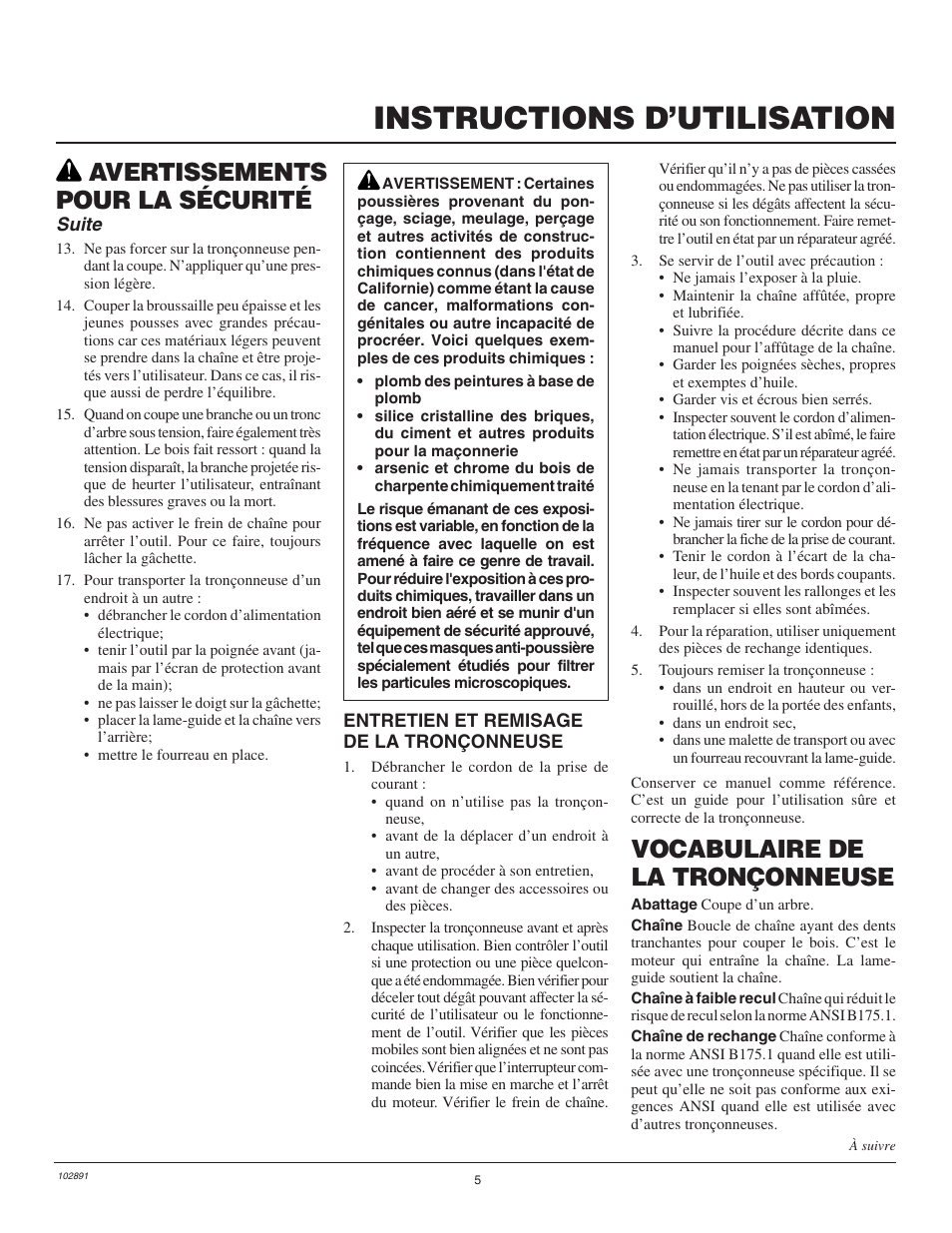 Instructions d’utilisation, Avertissements pour la sécurité, Vocabulaire de la tronçonneuse | Suite | Desa Remington 100271-01 User Manual | Page 41 / 74