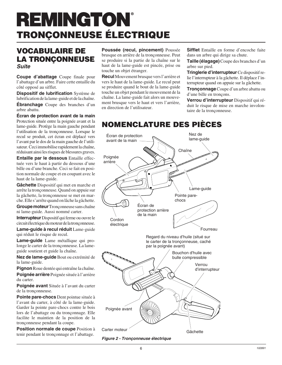 Tronçonneuse électrique, Nomenclature des pièces, Vocabulaire de la tronçonneuse | Suite | Desa Remington 100271-01 User Manual | Page 42 / 74
