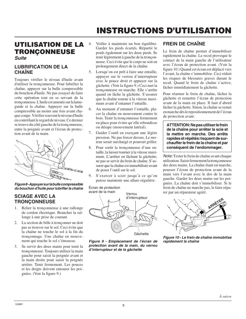 Instructions d’utilisation, Utilisation de la tronçonneuse, Suite | Desa Remington 100271-01 User Manual | Page 45 / 74