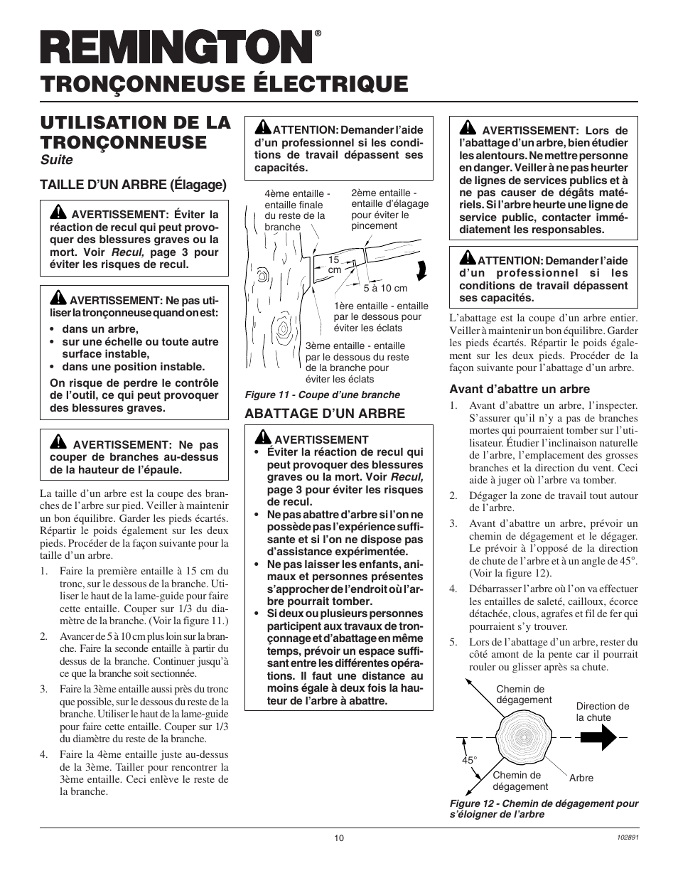 Tronçonneuse électrique, Utilisation de la tronçonneuse, Suite | Desa Remington 100271-01 User Manual | Page 46 / 74
