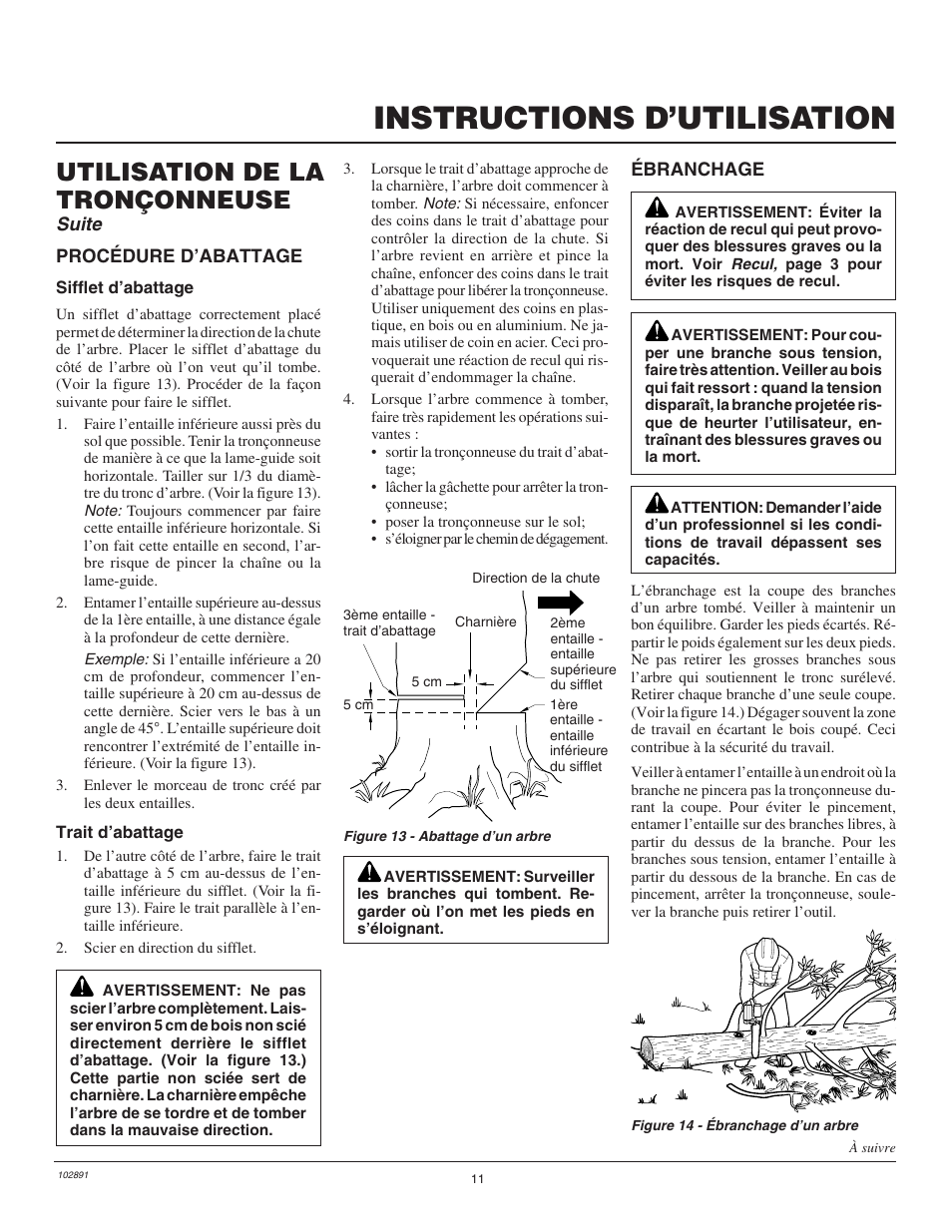 Instructions d’utilisation, Utilisation de la tronçonneuse, Suite | Desa Remington 100271-01 User Manual | Page 47 / 74