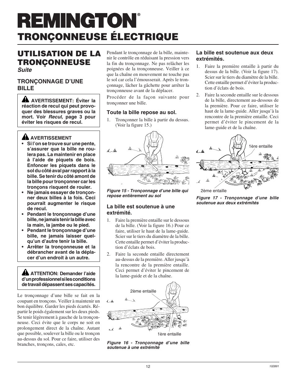 Tronçonneuse électrique, Utilisation de la tronçonneuse, Suite | Desa Remington 100271-01 User Manual | Page 48 / 74