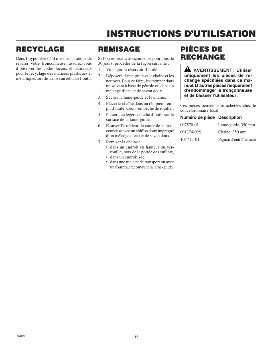 Instructions d’utilisation, Remisage, Pièces de rechange | Recyclage | Desa Remington 100271-01 User Manual | Page 51 / 74