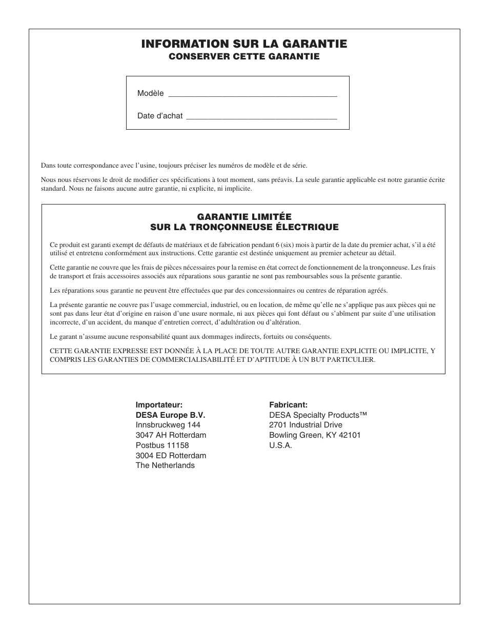 Information sur la garantie | Desa Remington 100271-01 User Manual | Page 54 / 74