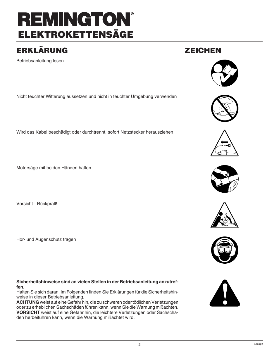 Elektrokettensäge, Erklärung zeichen | Desa Remington 100271-01 User Manual | Page 56 / 74