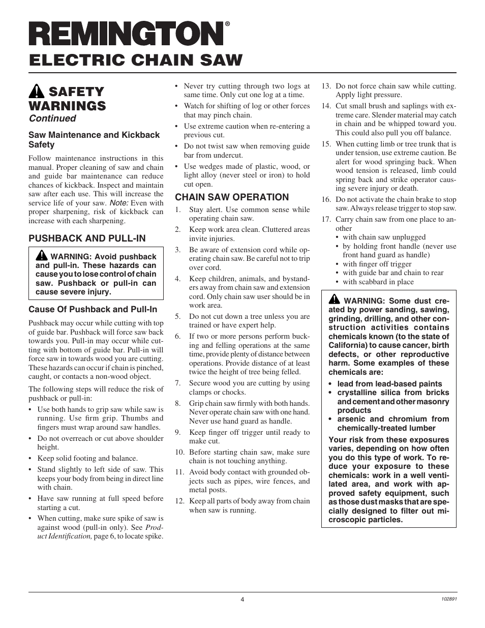 Electric chain saw, Safety warnings, Continued | Desa Remington 100271-01 User Manual | Page 6 / 74