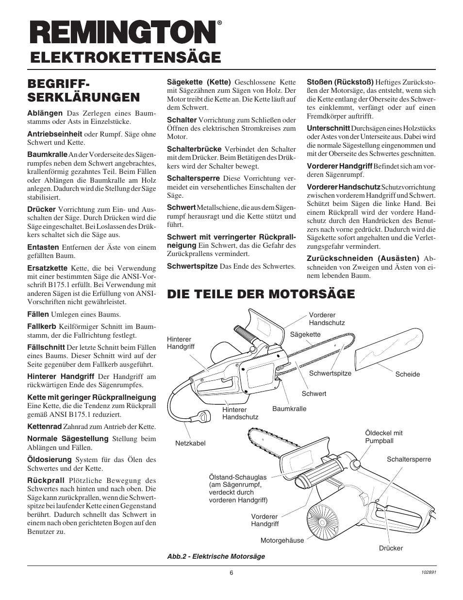 Elektrokettensäge, Begriff- serklärungen, Die teile der motorsäge | Desa Remington 100271-01 User Manual | Page 60 / 74