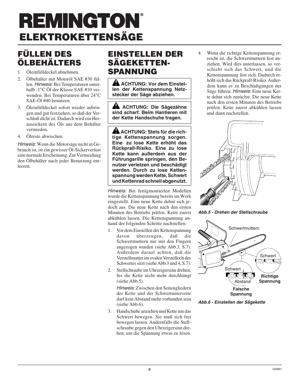 Elektrokettensäge, Einstellen der sägeketten- spannung, Füllen des ölbehälters | Desa Remington 100271-01 User Manual | Page 62 / 74