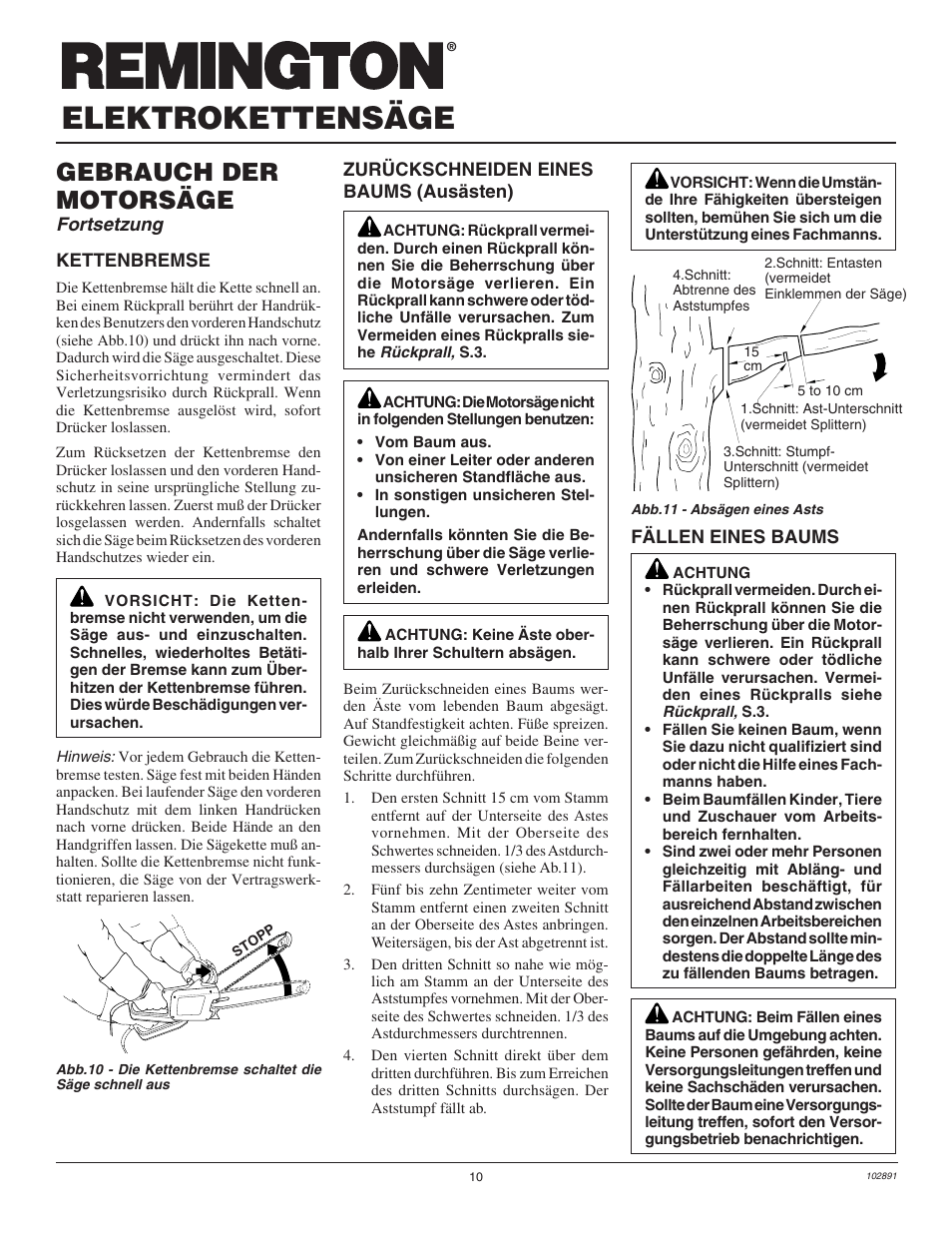 Elektrokettensäge, Gebrauch der motorsäge, Fortsetzung | Desa Remington 100271-01 User Manual | Page 64 / 74