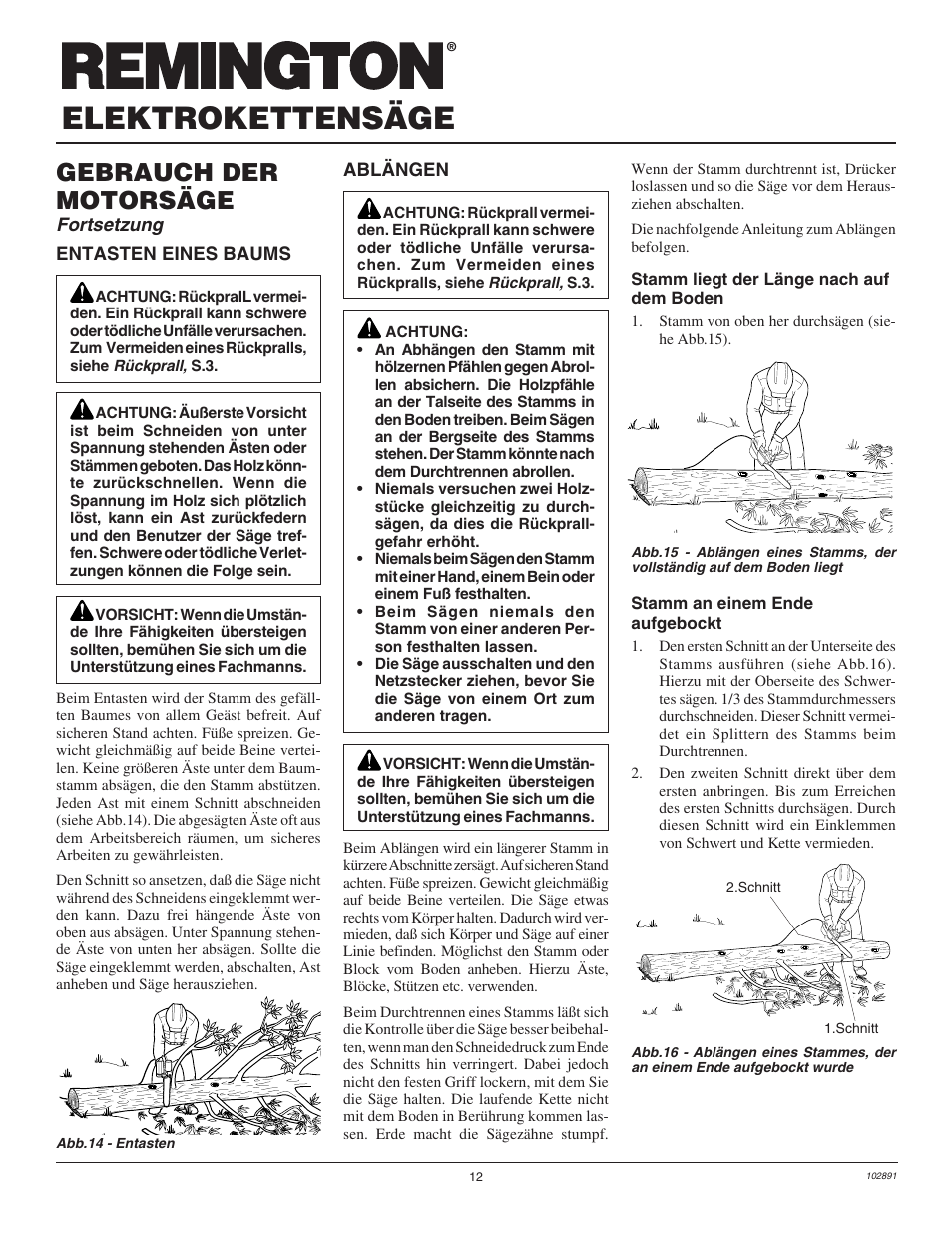 Elektrokettensäge, Gebrauch der motorsäge, Fortsetzung | Desa Remington 100271-01 User Manual | Page 66 / 74