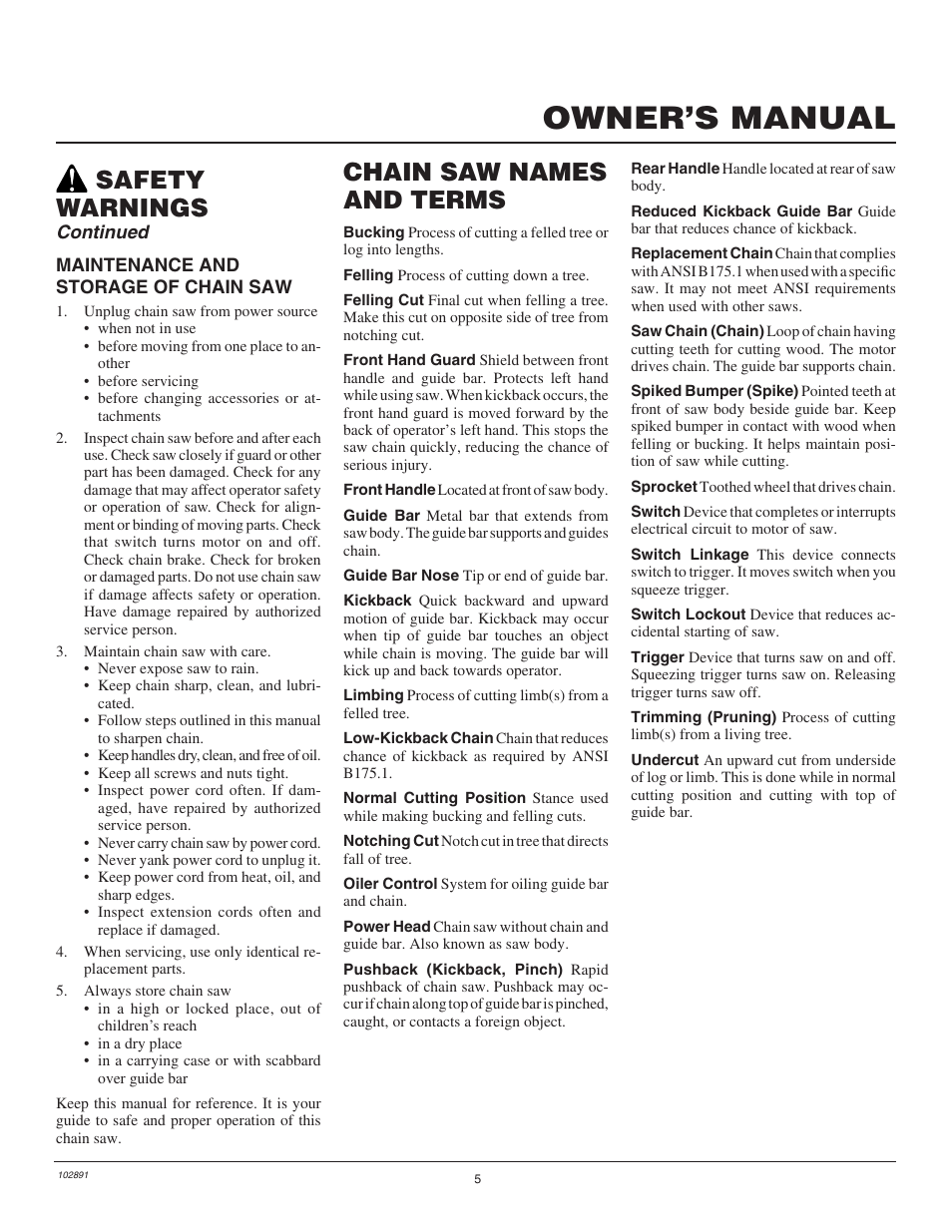 Owner’s manual, Chain saw names and terms, Safety warnings | Continued | Desa Remington 100271-01 User Manual | Page 7 / 74