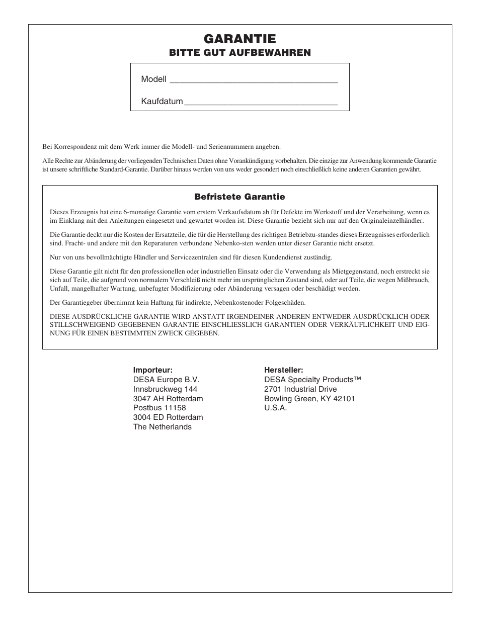 Garantie | Desa Remington 100271-01 User Manual | Page 72 / 74
