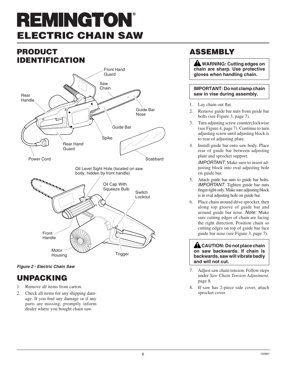 Electric chain saw, Assembly unpacking, Product identification | Desa Remington 100271-01 User Manual | Page 8 / 74