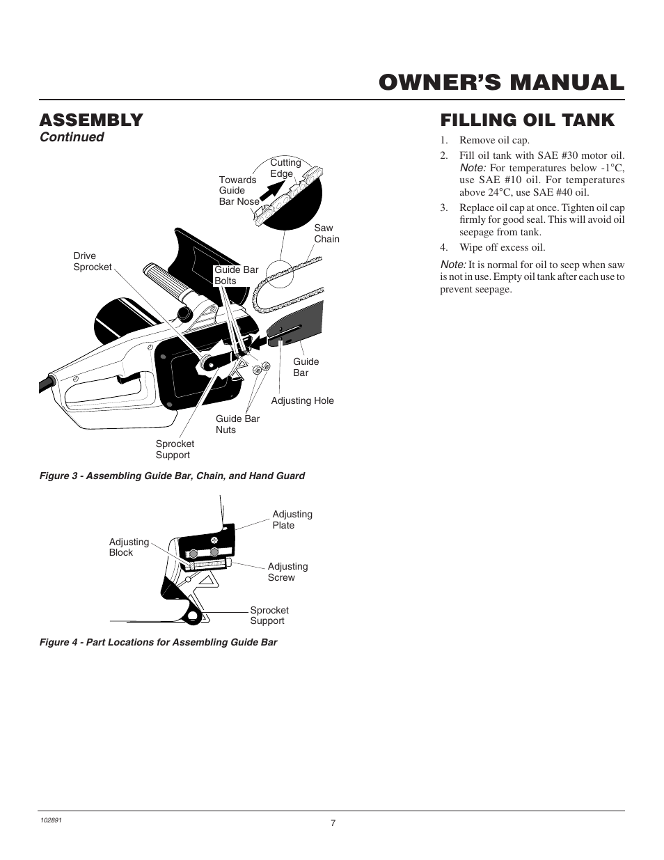 Owner’s manual, Assembly, Filling oil tank | Continued | Desa Remington 100271-01 User Manual | Page 9 / 74