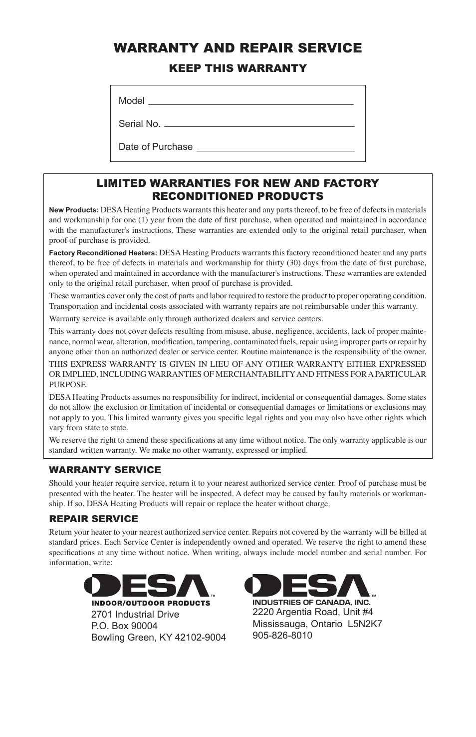 Warranty and repair service, Keep this warranty | Desa 375-F User Manual | Page 12 / 36