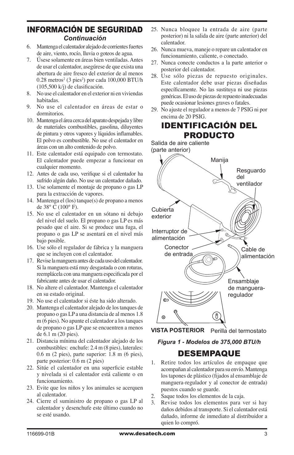 Identificación del producto, Desempaque, Información de seguridad | Identificación del producto desempaque | Desa 375-F User Manual | Page 15 / 36