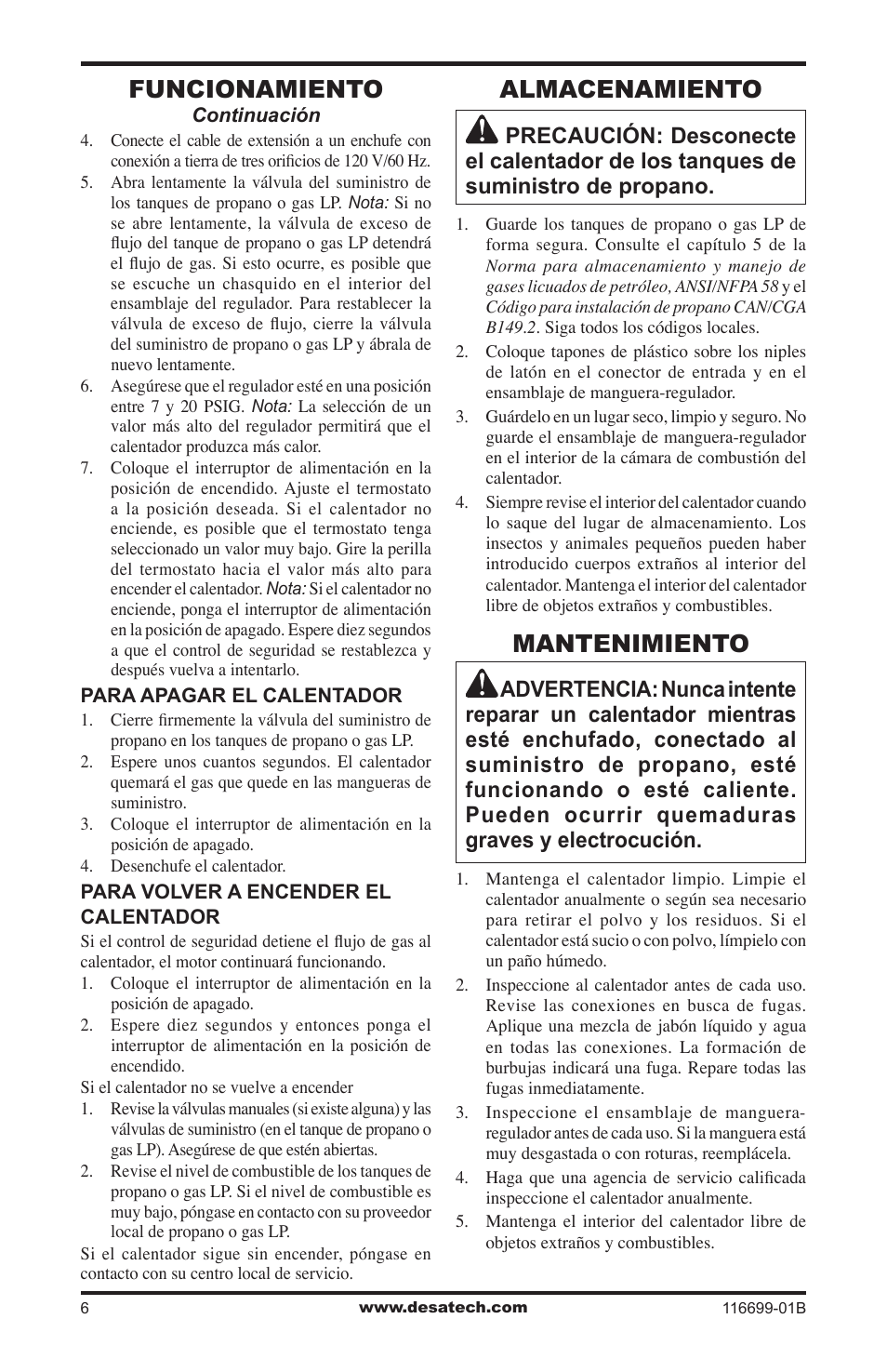 Almacenamiento, Mantenimiento, Funcionamiento | Desa 375-F User Manual | Page 18 / 36