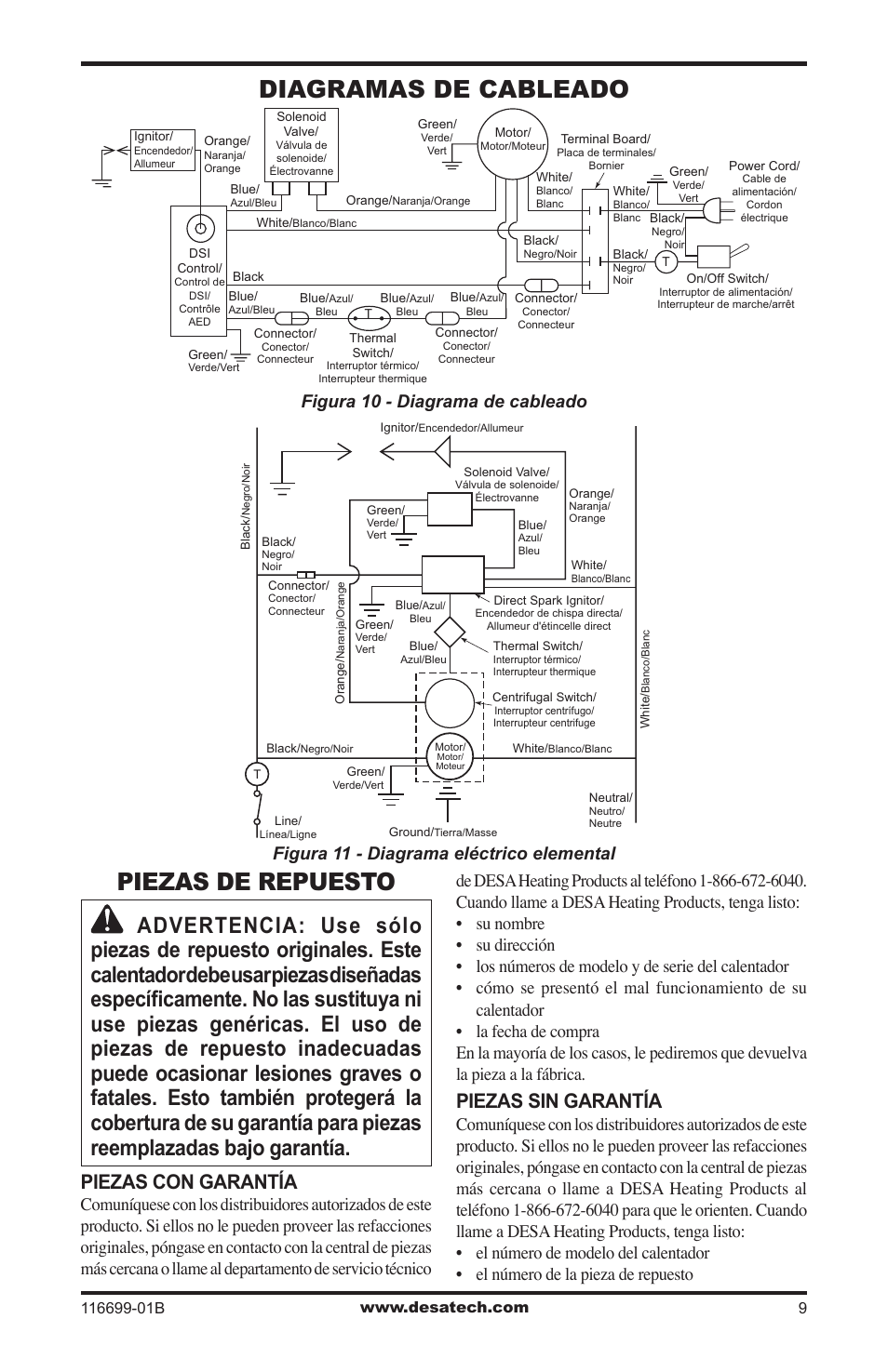 Diagramas de cableado, Piezas de repuesto, Diagramas de cableado piezas de repuesto | Piezas con garantía, Piezas sin garantía | Desa 375-F User Manual | Page 21 / 36