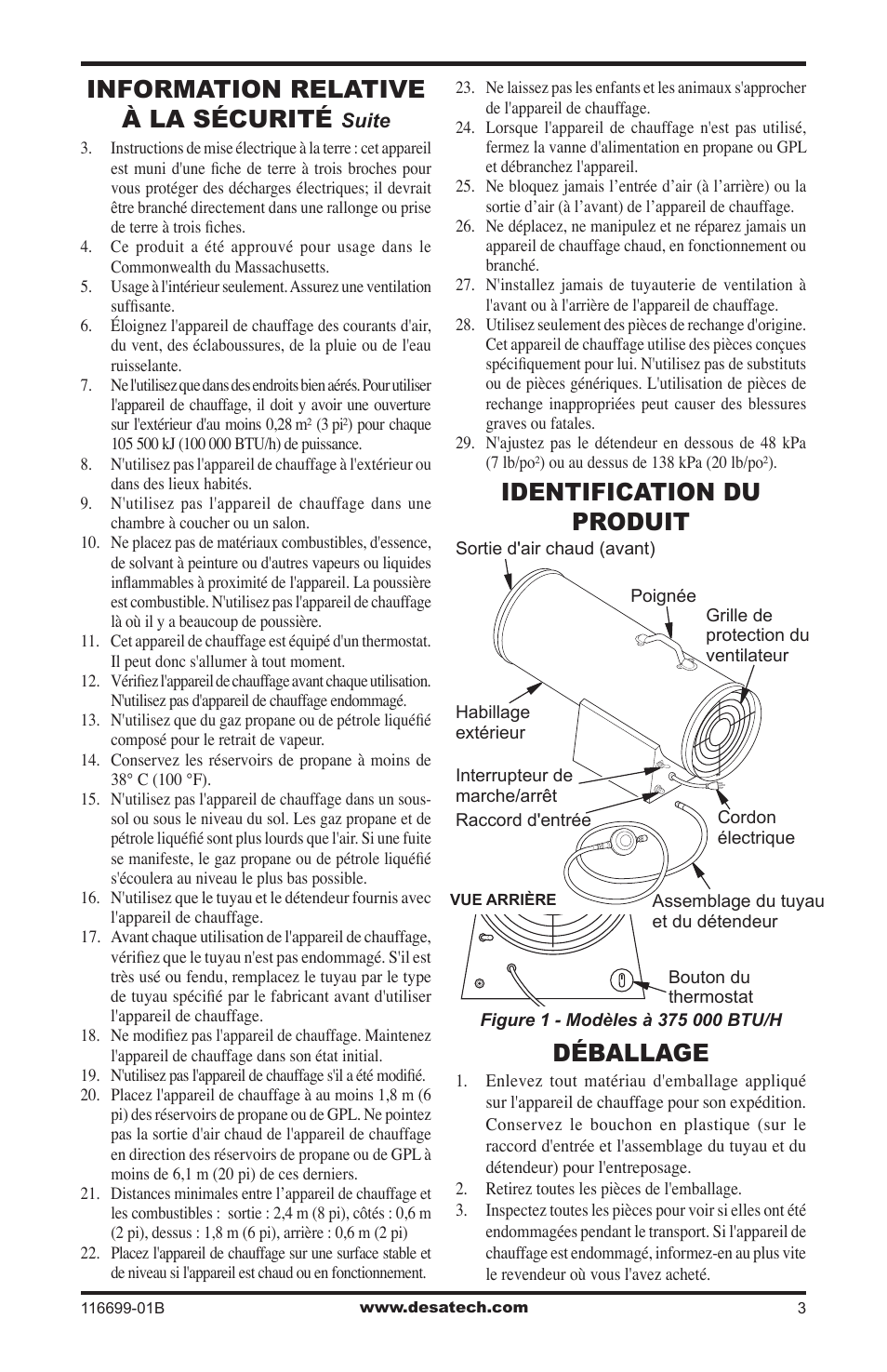 Identification du produit, Déballage, Information relative à la sécurité | Identification du produit déballage | Desa 375-F User Manual | Page 27 / 36