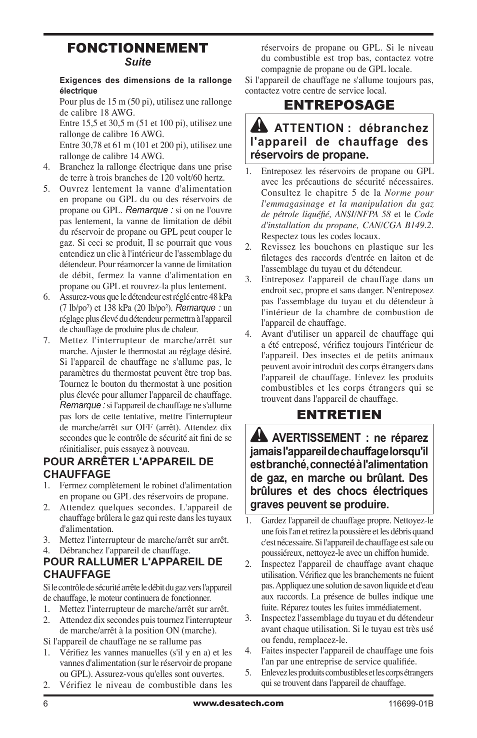 Entreposage, Entretien, Fonctionnement | Desa 375-F User Manual | Page 30 / 36