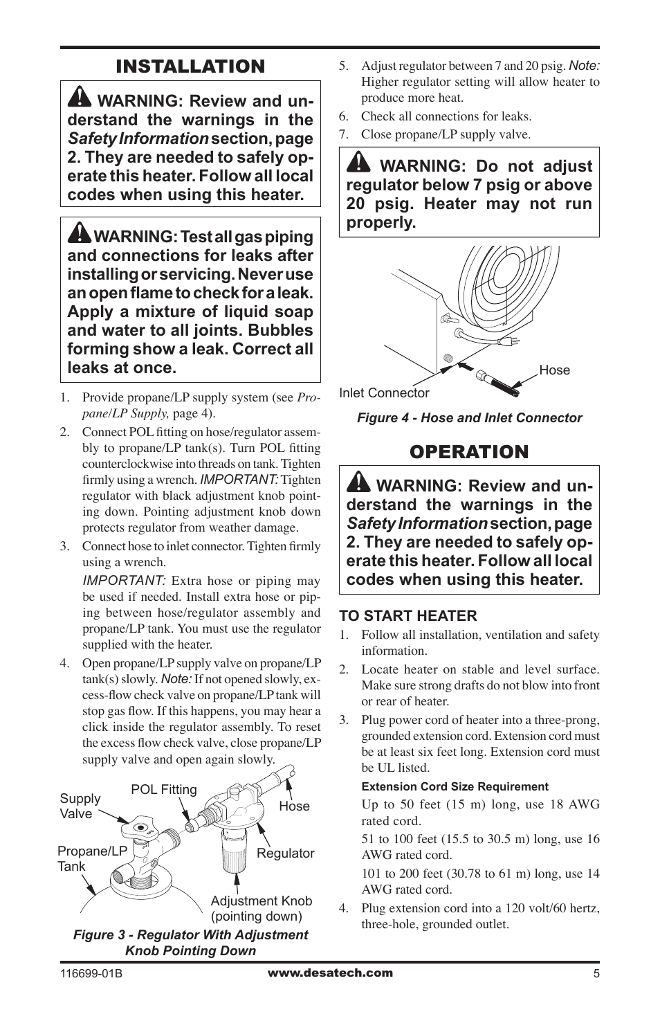 Installation, Operation | Desa 375-F User Manual | Page 5 / 36