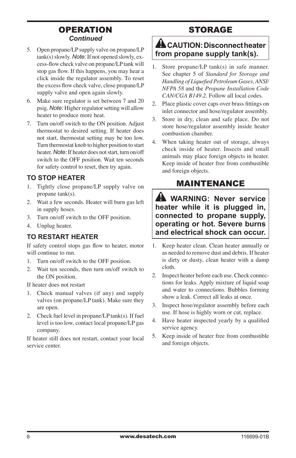 Storage, Maintenance, Operation | Desa 375-F User Manual | Page 6 / 36