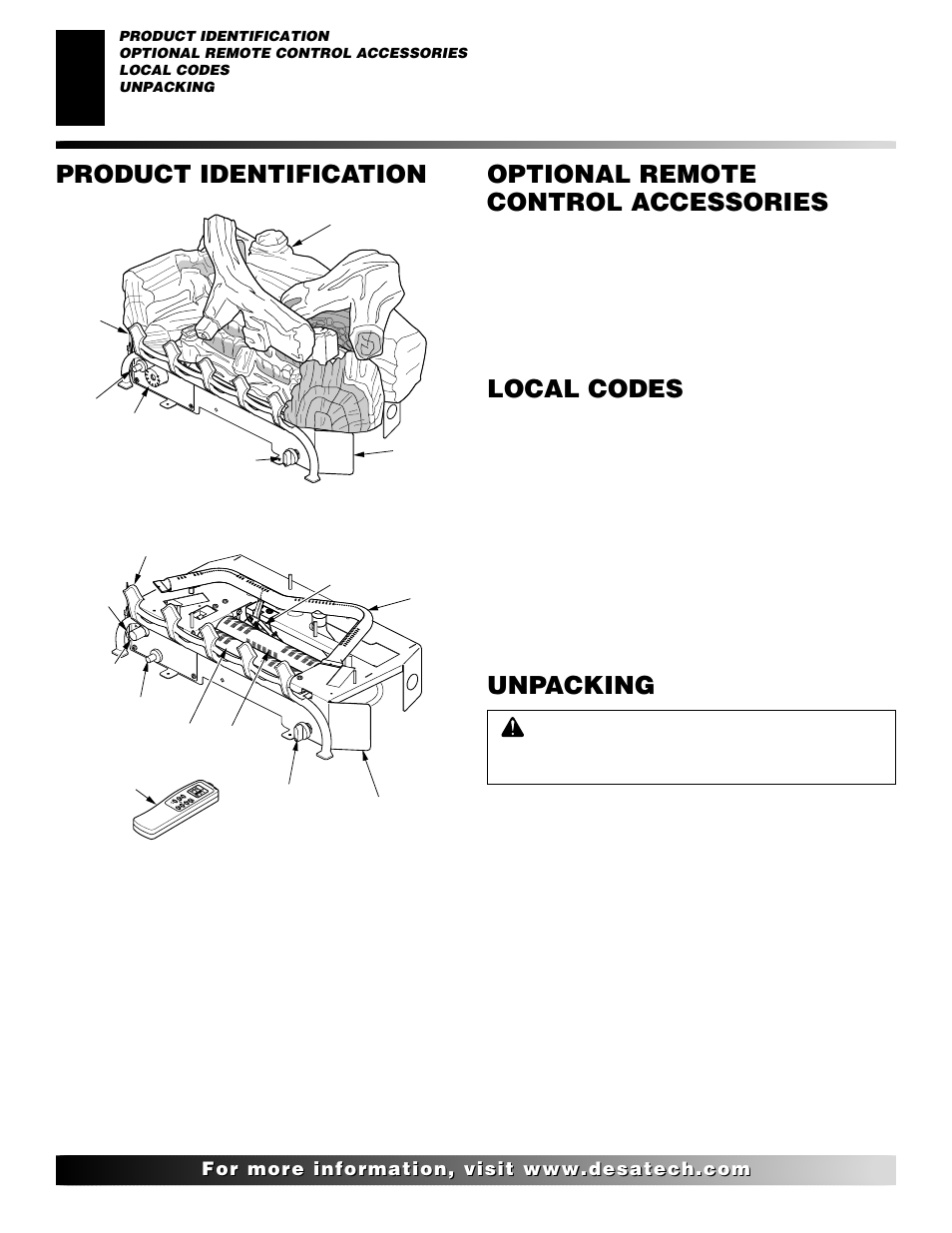 Local codes, Unpacking, Optional remote control accessories | Product identification | Desa VRL24NR User Manual | Page 4 / 38