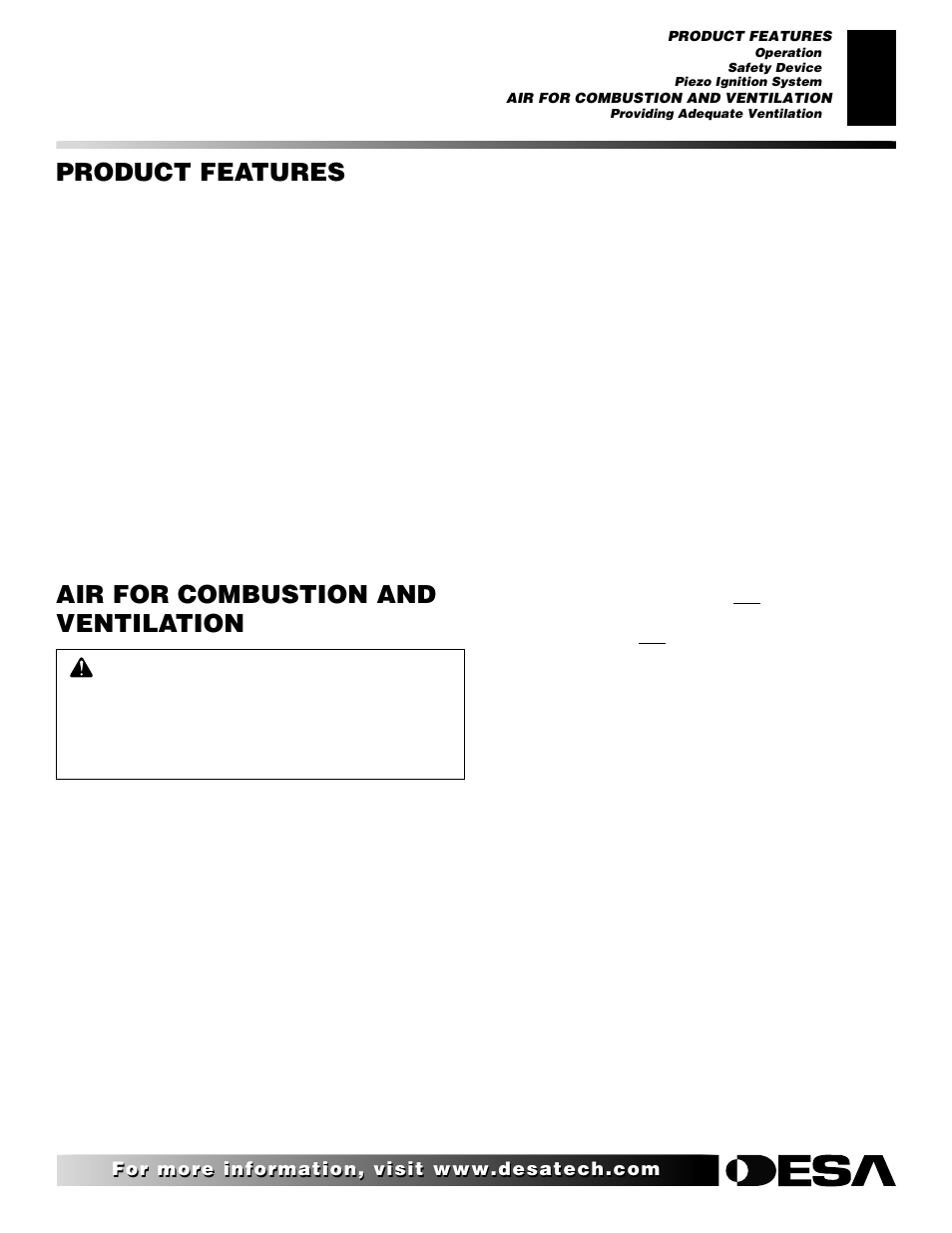 Air for combustion and ventilation, Product features | Desa VRL24NR User Manual | Page 5 / 38