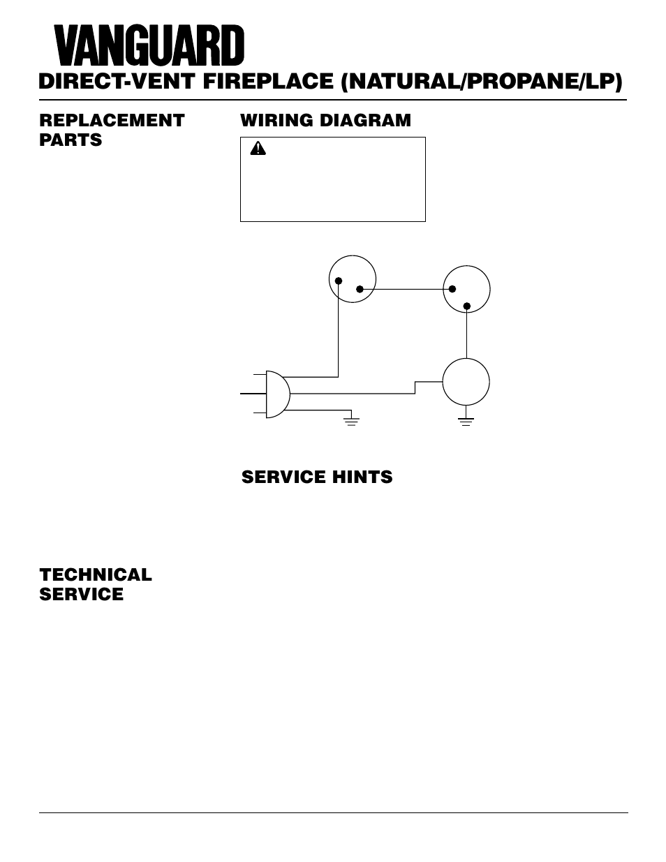 Direct-vent fireplace (natural/propane/lp), Service hints, Technical service | Replacement parts, Wiring diagram | Desa BHDV37NC User Manual | Page 32 / 40