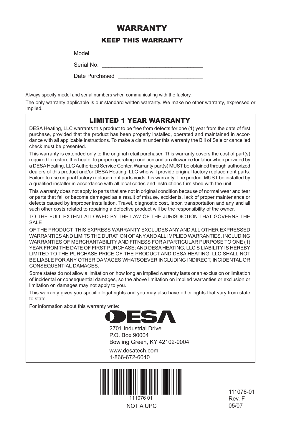Warranty | Desa E36L User Manual | Page 28 / 28