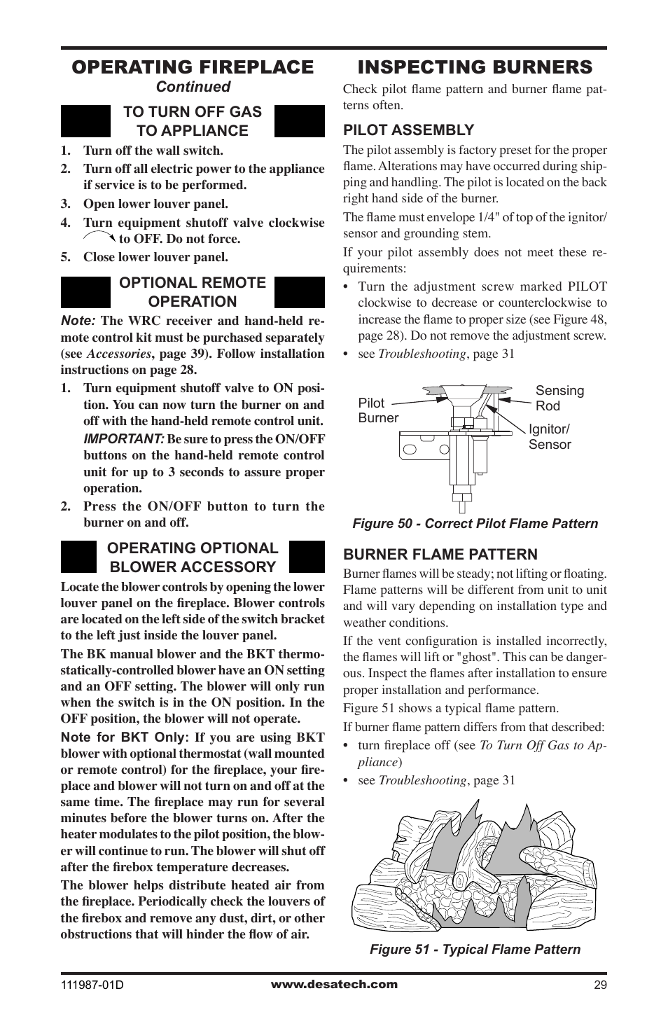 Inspecting burners, Operating fireplace | Desa (V)T32EN SERIES User Manual | Page 29 / 40