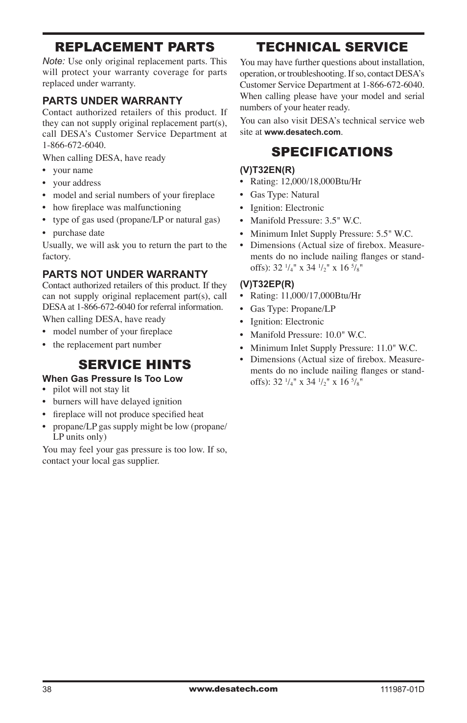 Replacement parts, Service hints, Technical service | Specifications | Desa (V)T32EN SERIES User Manual | Page 38 / 40