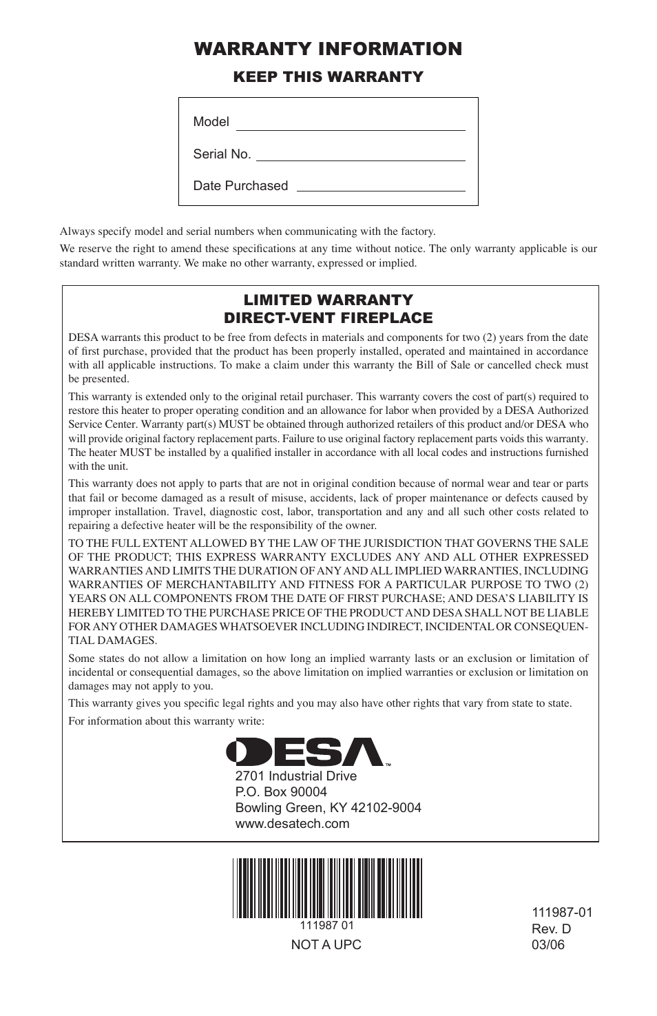 Warranty information, Keep this warranty, Limited warranty direct-vent fireplace | Desa (V)T32EN SERIES User Manual | Page 40 / 40