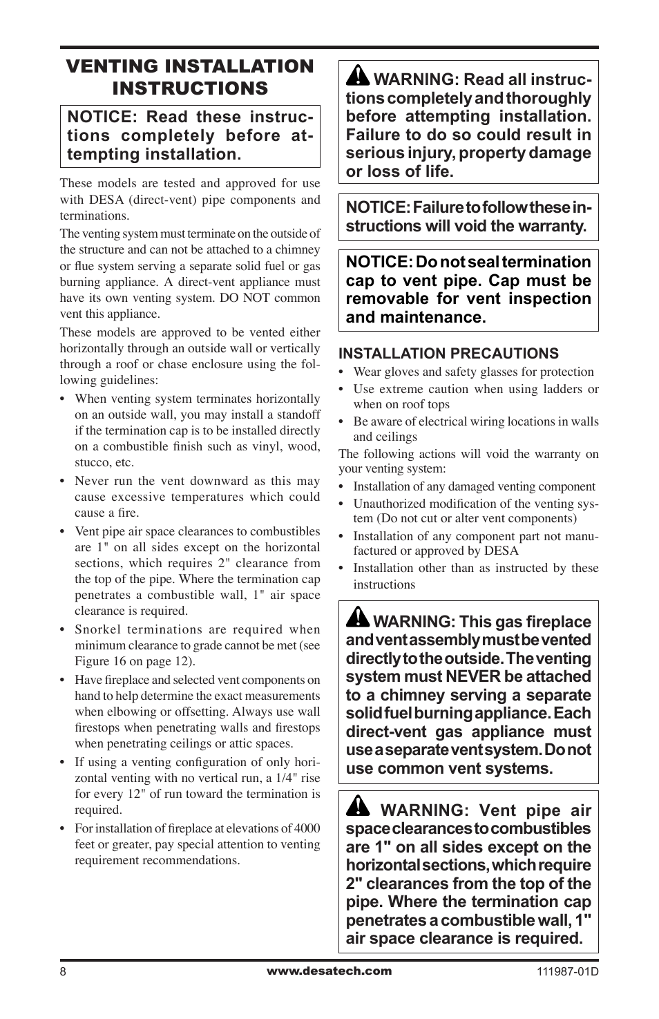 Venting installation instructions | Desa (V)T32EN SERIES User Manual | Page 8 / 40