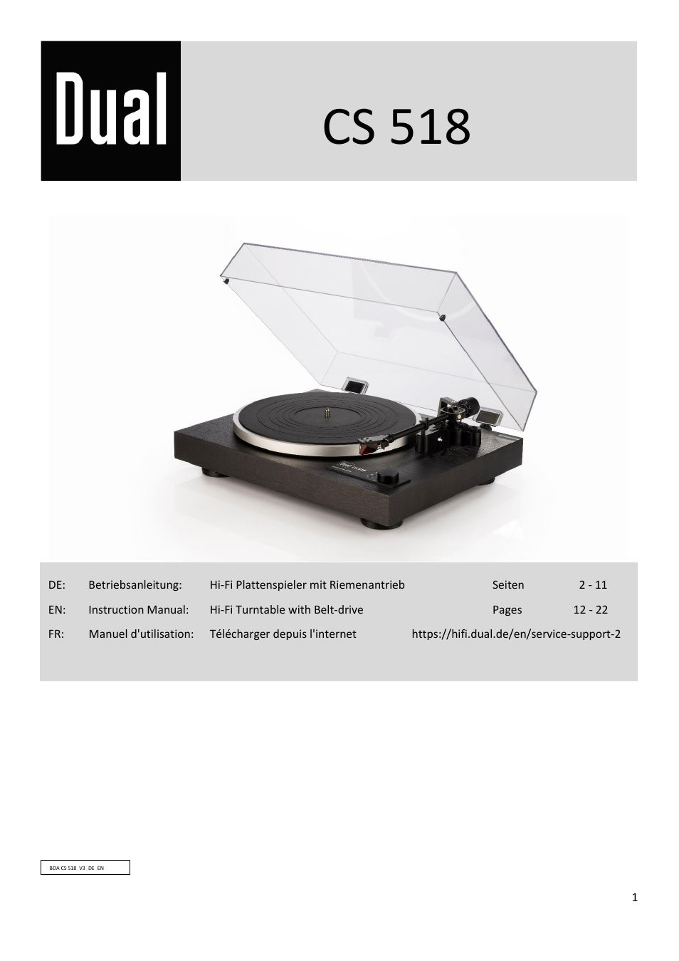 Dual Electronics CS 518 Manual Three-Speed Turntable User Manual | 22 pages