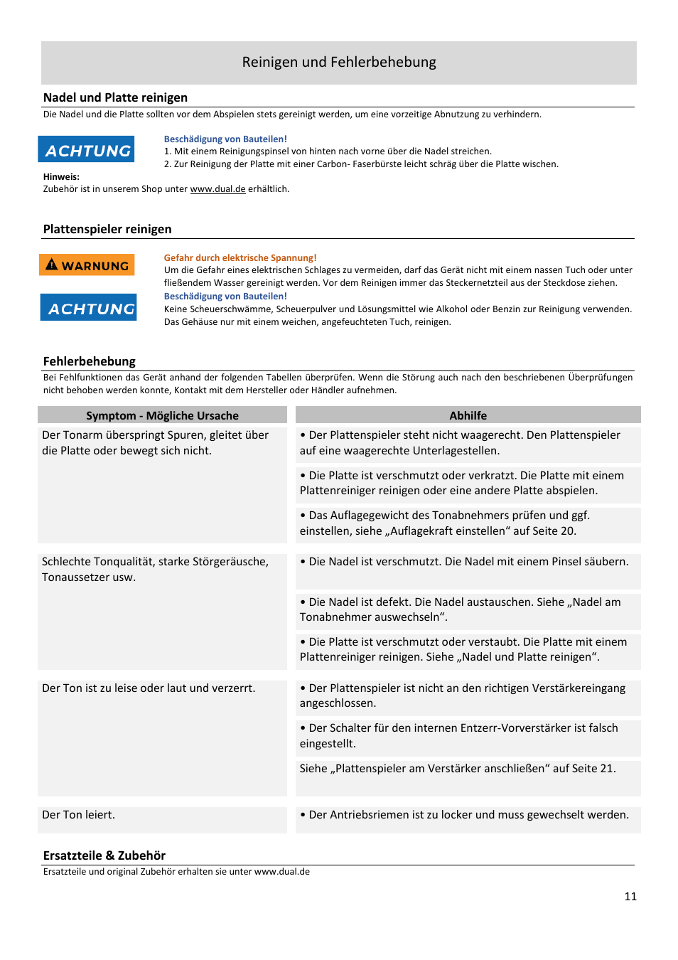 Reinigen und fehlerbehebung | Dual Electronics CS 518 Manual Three-Speed Turntable User Manual | Page 11 / 22