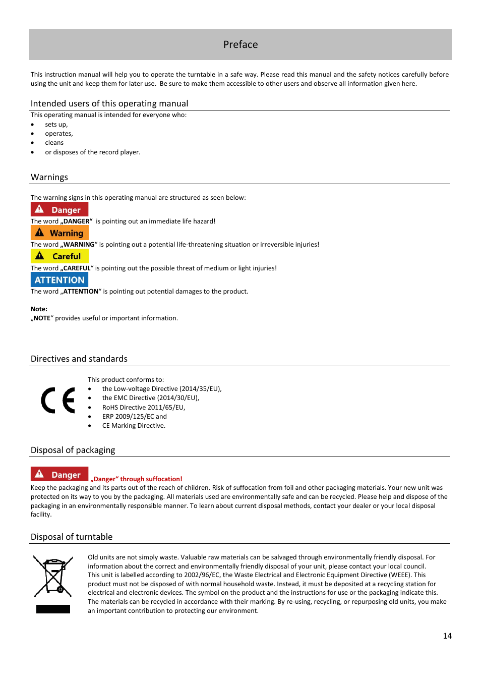 Preface, Intended users of this operating manual, Directives and standards | Disposal of packaging, Disposal of turntable, Warnings | Dual Electronics CS 518 Manual Three-Speed Turntable User Manual | Page 14 / 22