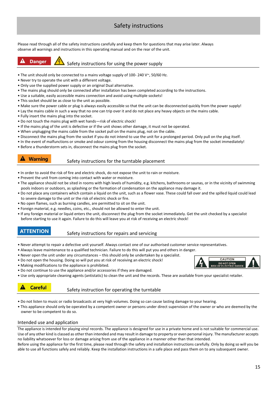 Safety instructions | Dual Electronics CS 518 Manual Three-Speed Turntable User Manual | Page 15 / 22