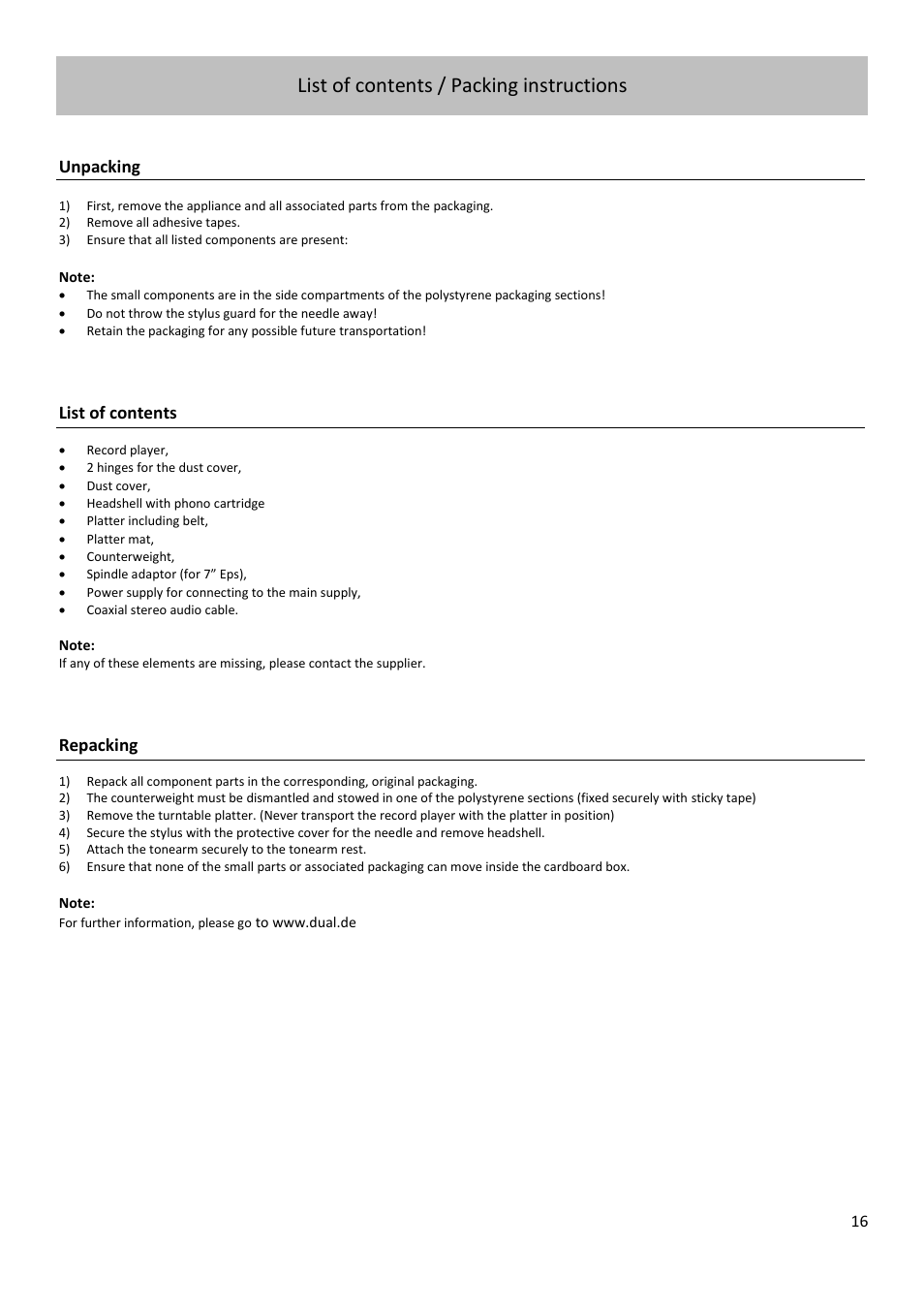 List of contents / packing instructions, Unpacking, List of contents | Repacking | Dual Electronics CS 518 Manual Three-Speed Turntable User Manual | Page 16 / 22