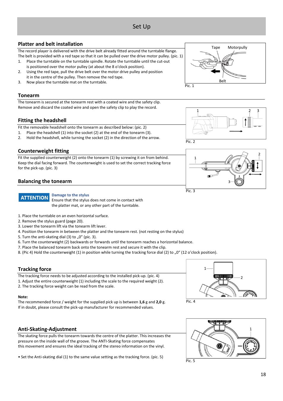 Set up, Platter and belt installation, Tonearm | Fitting the headshell, Counterweight fitting, Balancing the tonearm, Tracking force, Anti-skating-adjustment | Dual Electronics CS 518 Manual Three-Speed Turntable User Manual | Page 18 / 22