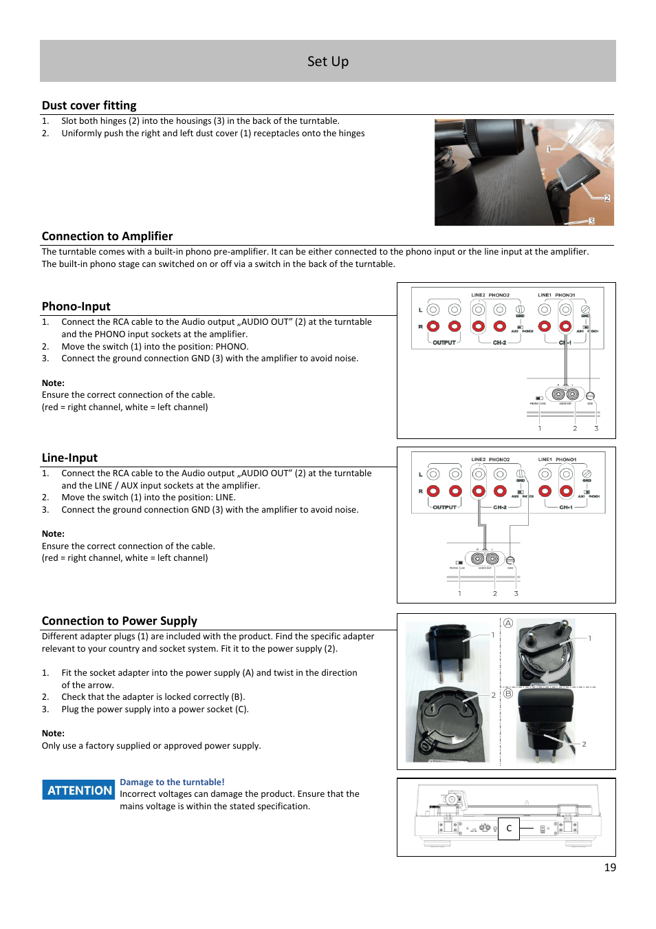 Set up, Dust cover fitting, Connection to amplifier | Phono-input, Line-input, Connection to power supply | Dual Electronics CS 518 Manual Three-Speed Turntable User Manual | Page 19 / 22