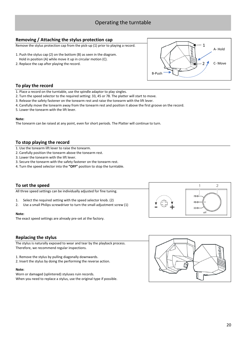 Operating the turntable | Dual Electronics CS 518 Manual Three-Speed Turntable User Manual | Page 20 / 22