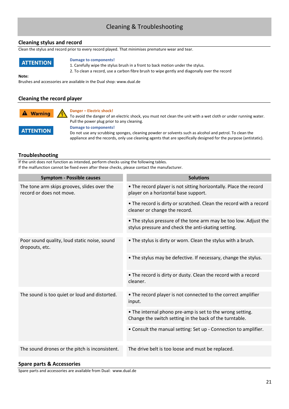 Cleaning & troubleshooting | Dual Electronics CS 518 Manual Three-Speed Turntable User Manual | Page 21 / 22