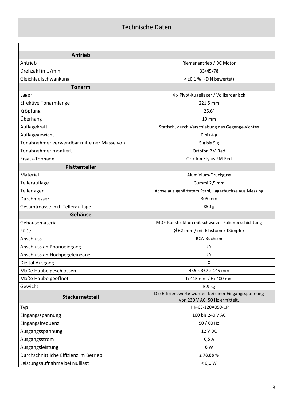 Technische daten | Dual Electronics CS 518 Manual Three-Speed Turntable User Manual | Page 3 / 22