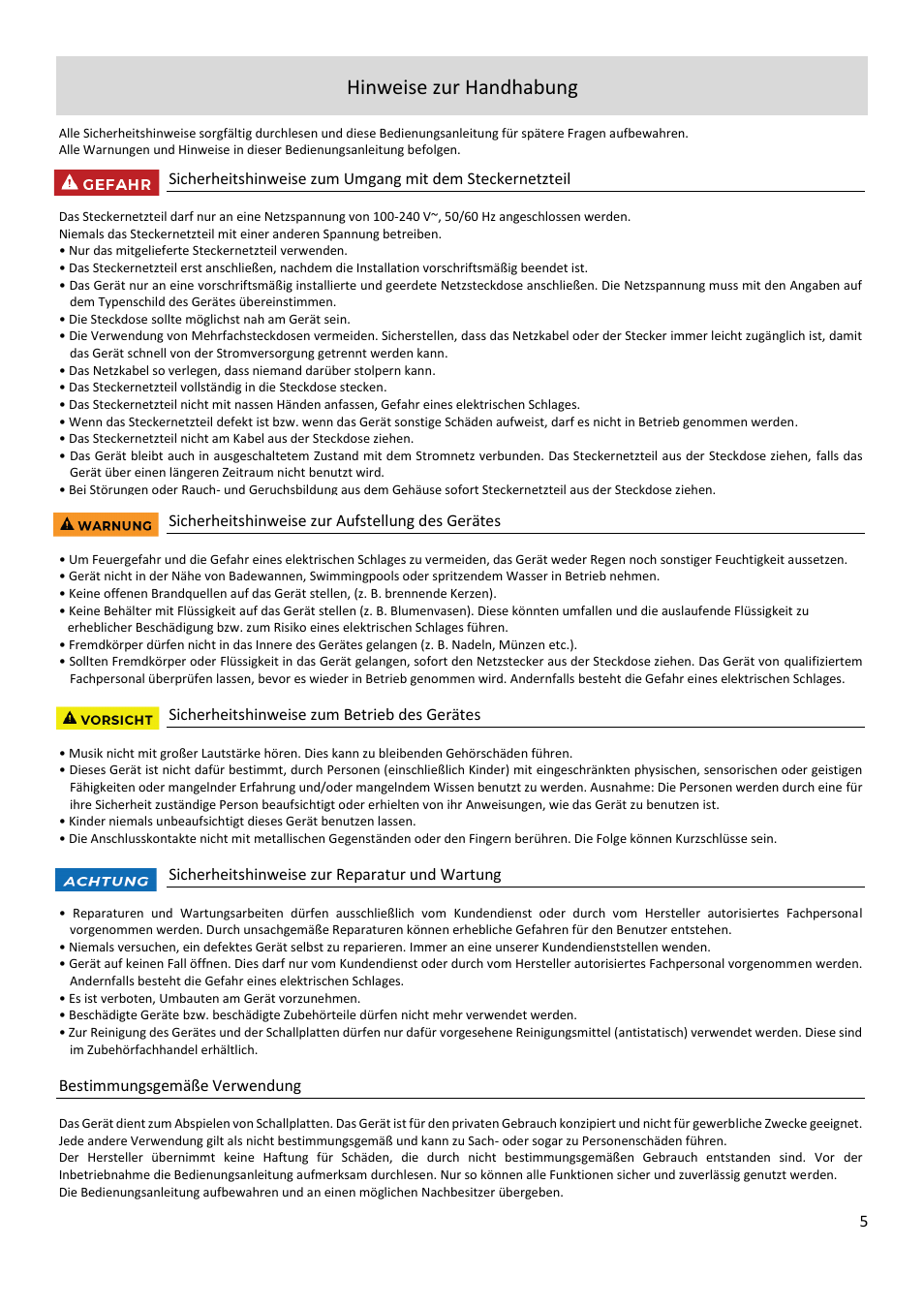 Hinweise zur handhabung | Dual Electronics CS 518 Manual Three-Speed Turntable User Manual | Page 5 / 22