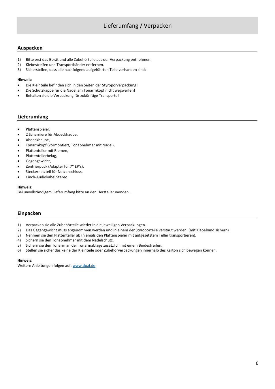 Lieferumfang / verpacken, Auspacken, Lieferumfang | Einpacken | Dual Electronics CS 518 Manual Three-Speed Turntable User Manual | Page 6 / 22