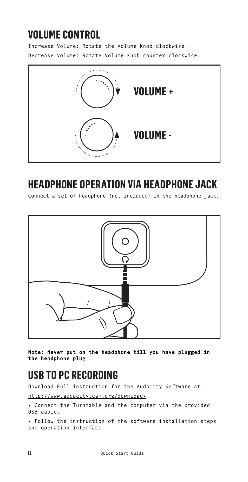 Volume control, Headphone operation via headphone jack, Usb to pc recording | Volume + volume | House of Marley Stir It Up Semi-Automatic Two-Speed Turntable with Bluetooth & USB User Manual | Page 13 / 91