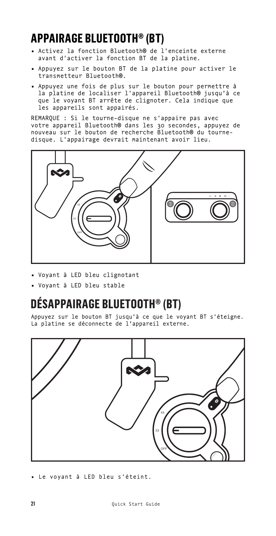 Appairage bluetooth® (bt), Désappairage bluetooth® (bt) | House of Marley Stir It Up Semi-Automatic Two-Speed Turntable with Bluetooth & USB User Manual | Page 22 / 91