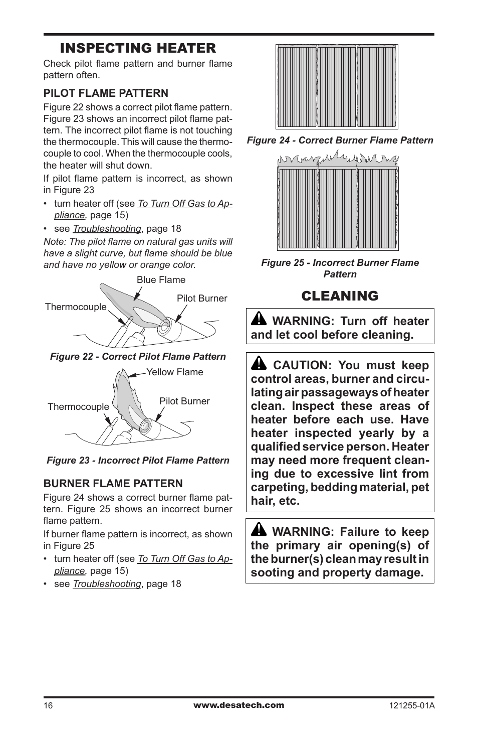 Inspecting heater, Cleaning | Desa LCR26PT User Manual | Page 16 / 56