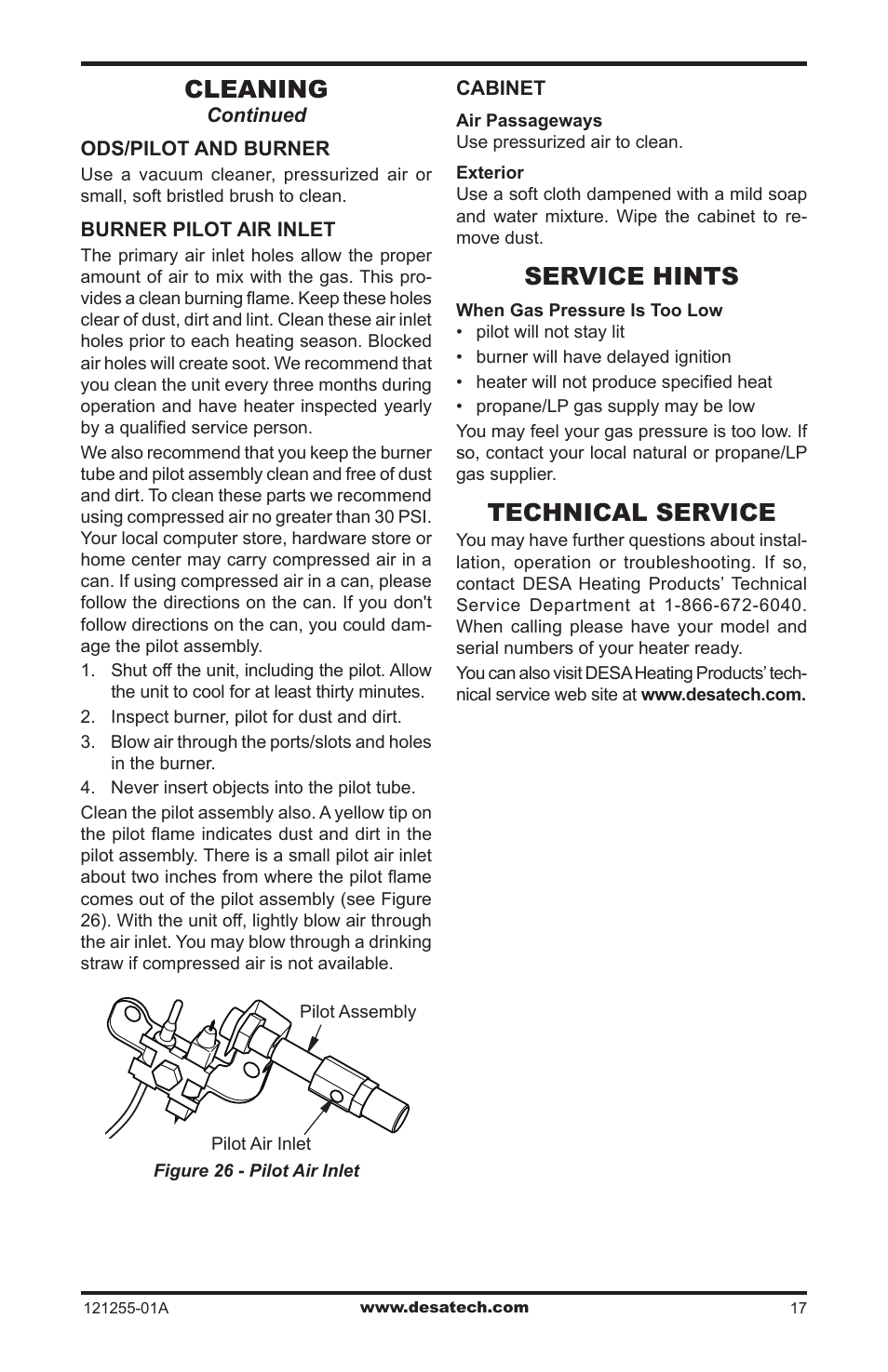 Service hints, Technical service, Cleaning | Desa LCR26PT User Manual | Page 17 / 56